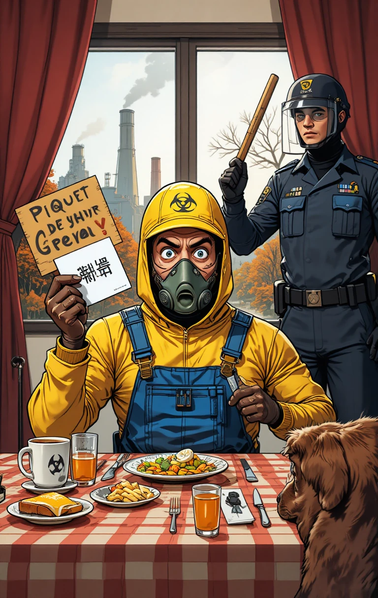 Figura con traje hazmat abriendo el correo en una colorida mesa de desayuno