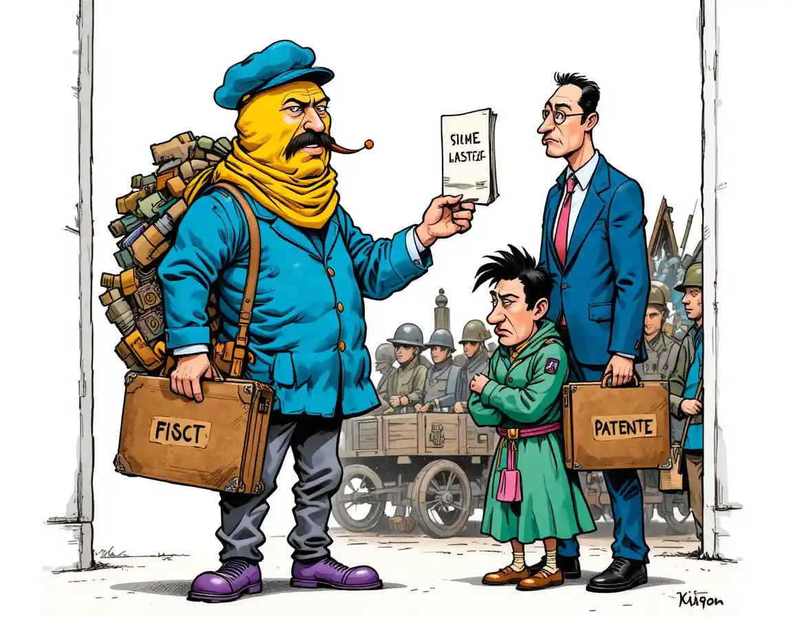 Cartoon tax official confronting burdened worker with paperwork