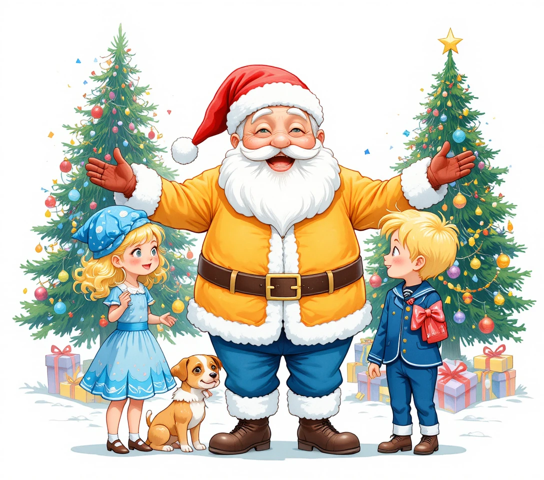 Ilustração natalina do Papai Noel com crianças e filhote