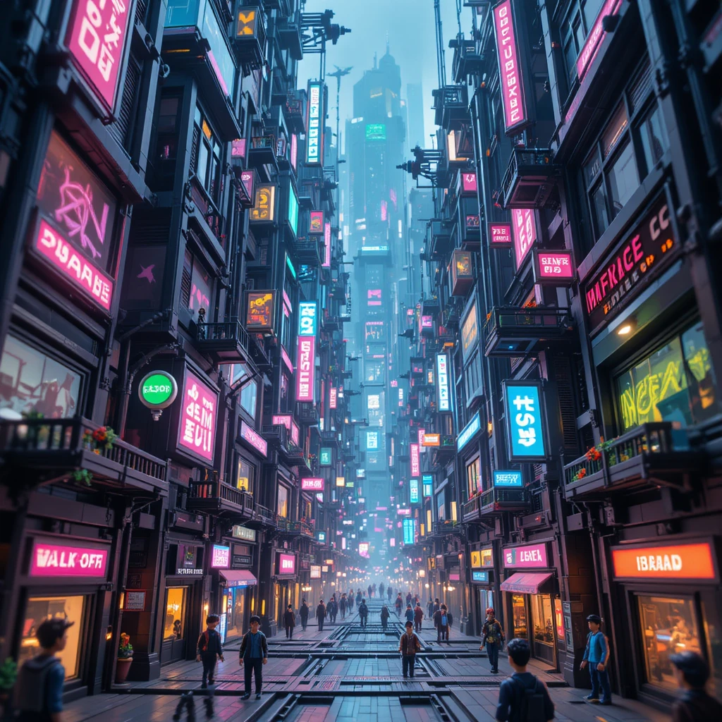 Diorama de rua de cidade cyberpunk de blocos com detalhes em neon