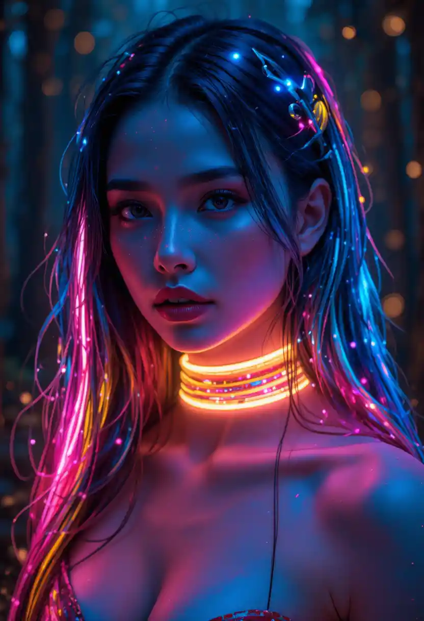 Futuristic woman with neon fiber optic hair in forest