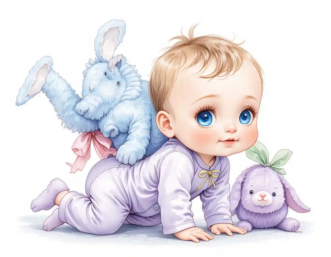 Dolce bebè che gattona con peluche in illustrazione pastello