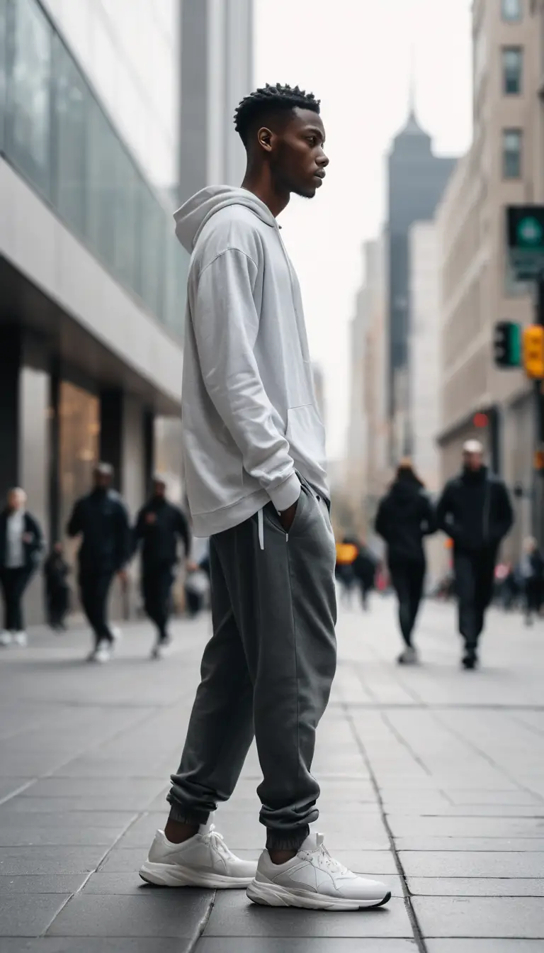 Young man on city sidewalk surrounded by motion blur