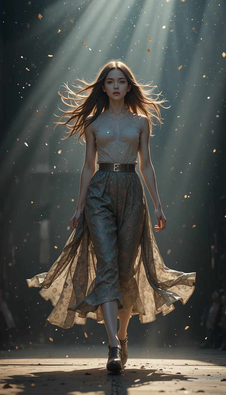 Jovem caminhando como uma modelo em um palco ao ar livre