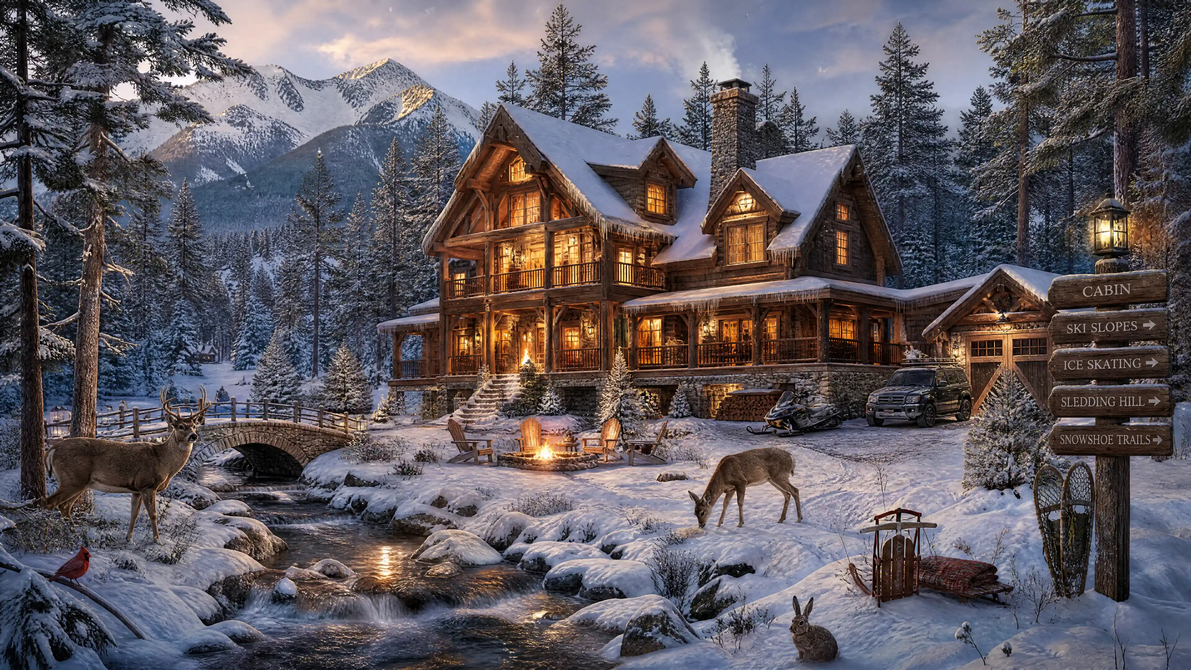 Cozy winter cabin in a snowy forest with animals nearby