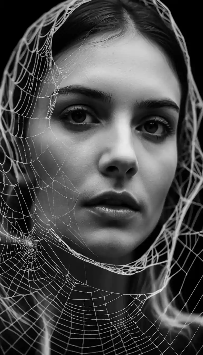 Retrato de mulher velado por uma teia de aranha intrincada