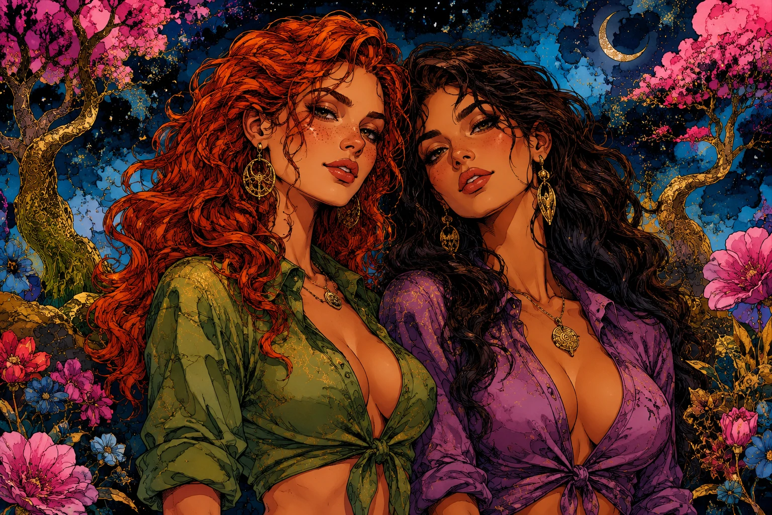 Retrato em close de duas mulheres fantasiosas em um jardim