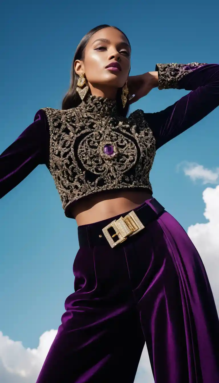 Fashionmodel in violettem Samt vor strahlend blauem Himmel