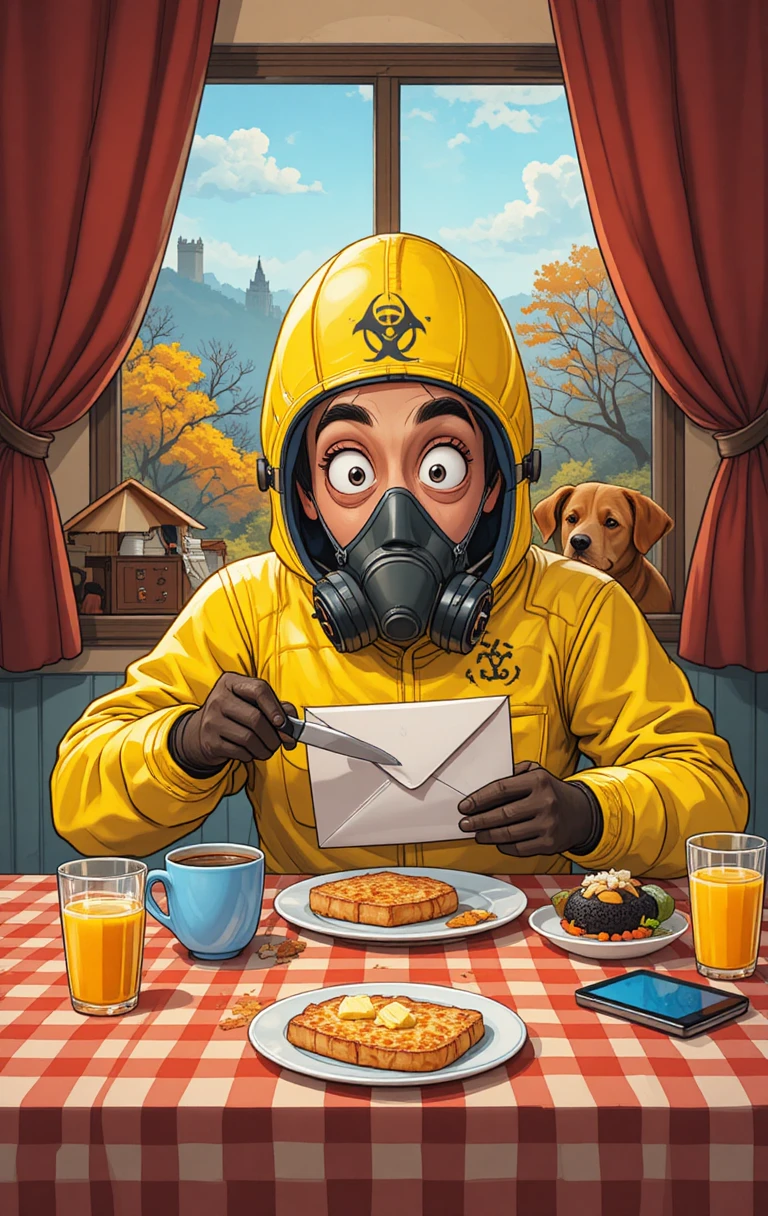 Homem de traje amarelo de proteção abre correspondência na mesa do café da manhã