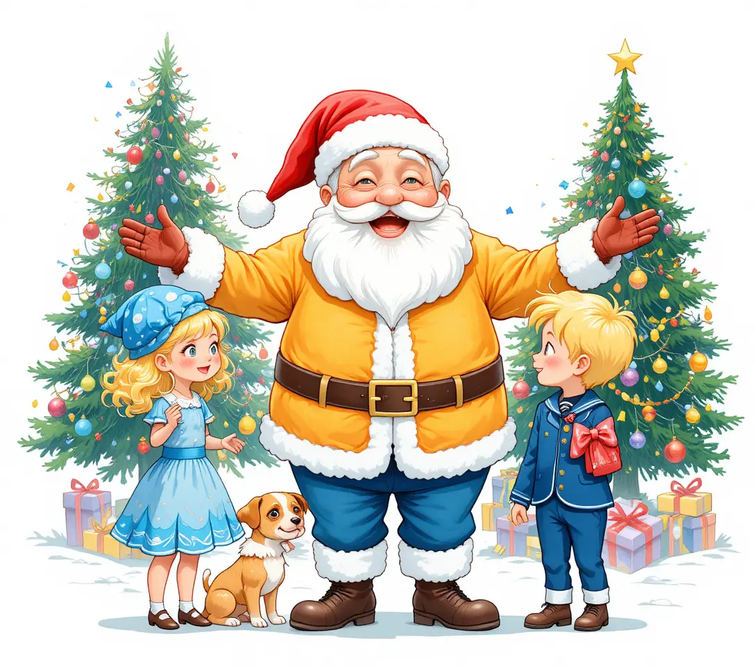 Santa with children and puppy in festive Christmas illustration