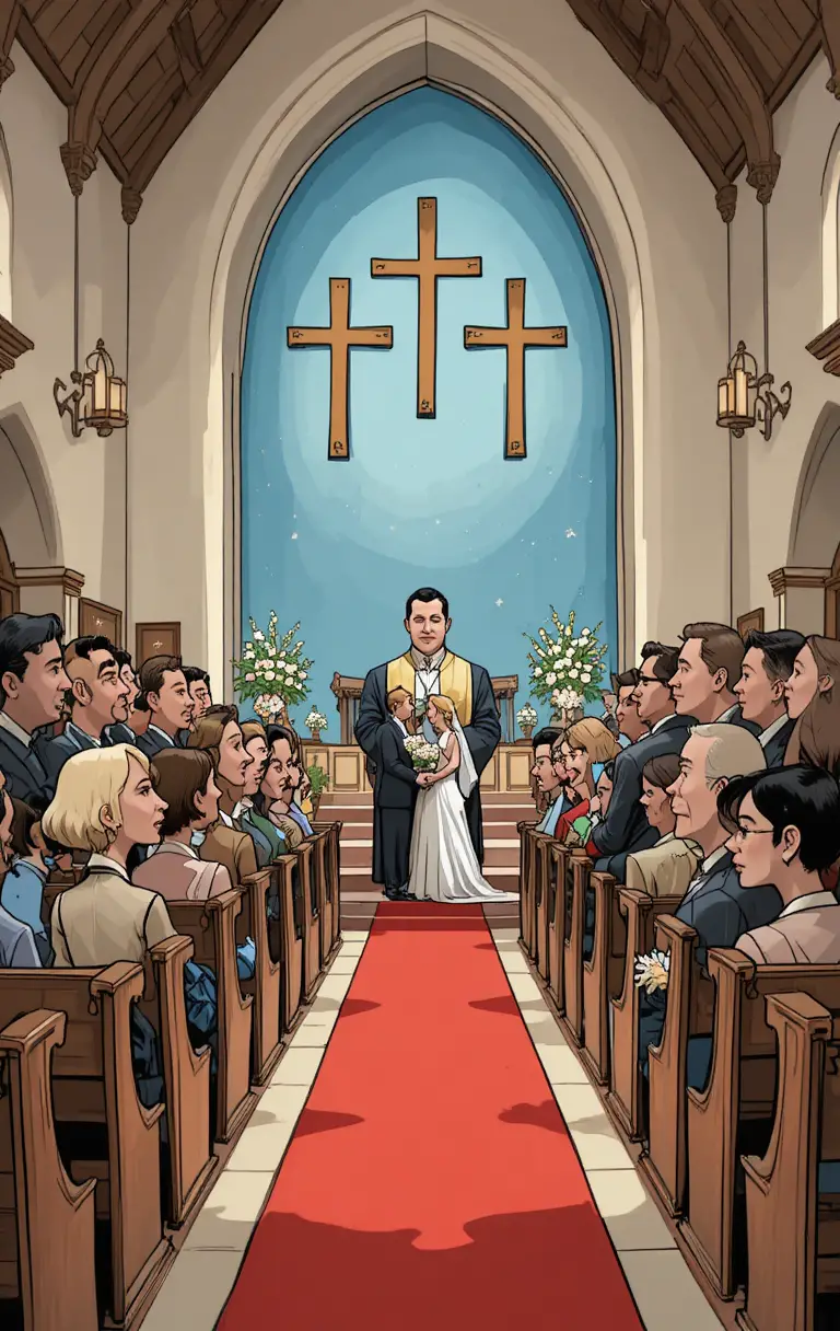 Cerimônia de casamento em desenho animado dentro de uma igreja com convidados sentados