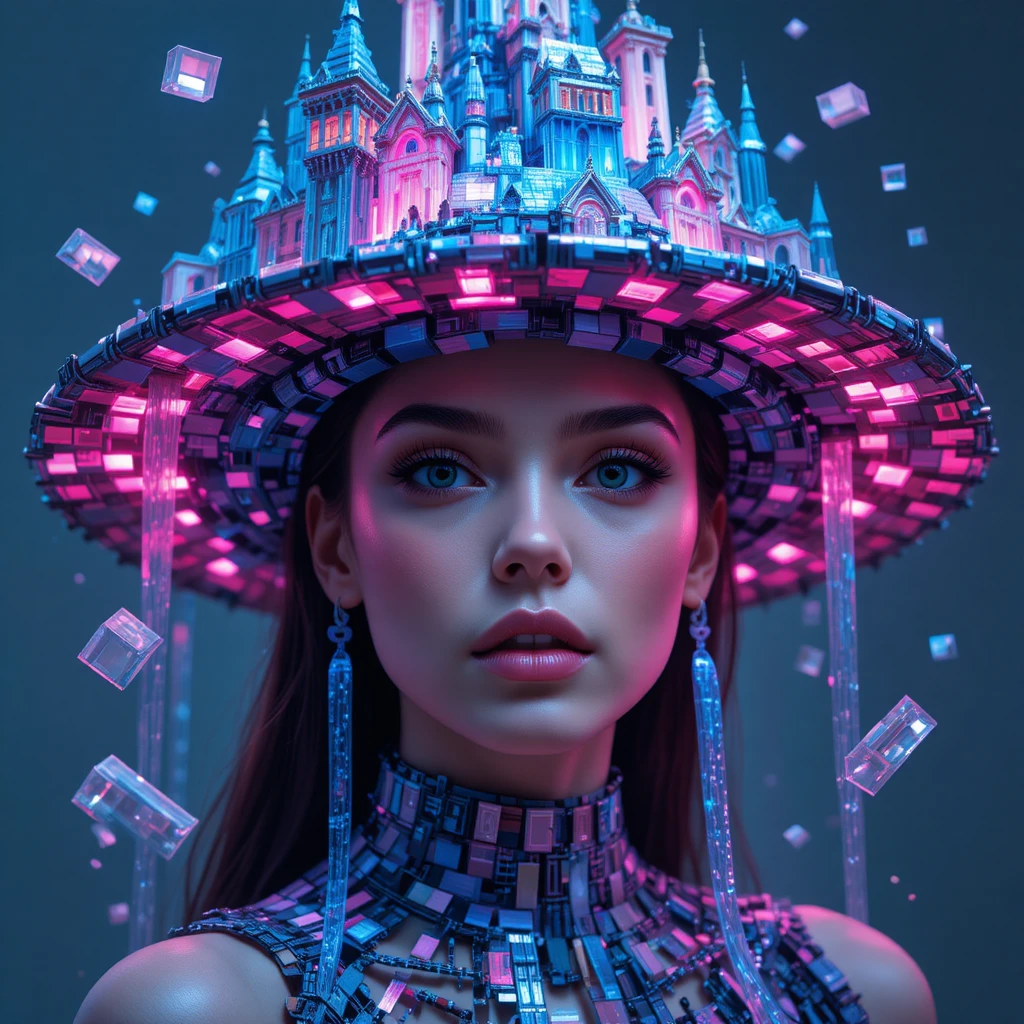 Retrato surreal de uma mulher com um elaborado chapéu de tijolos