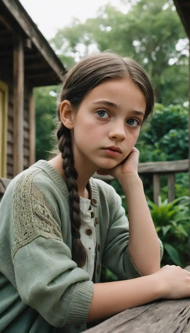 Niña en un porche rústico en una escena cinematográfica de ensueño