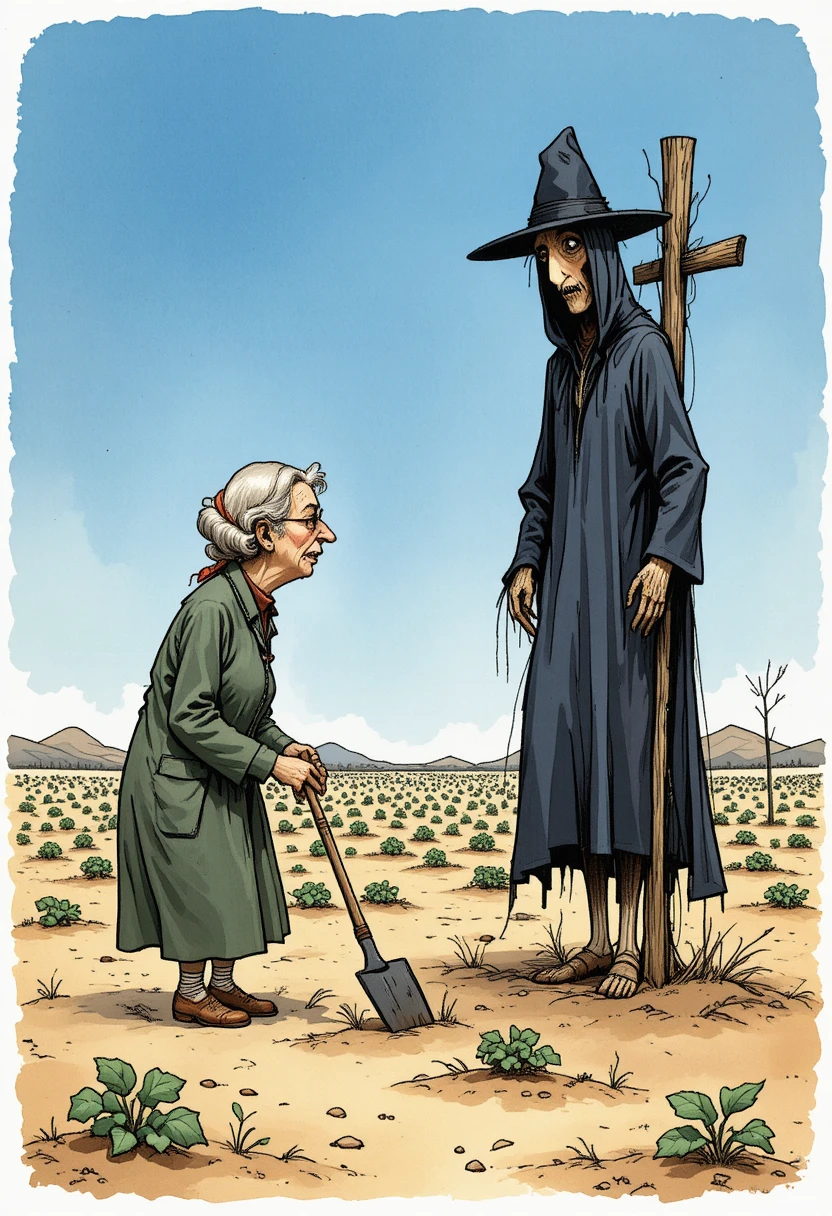 Anciana cultivando junto a un espantapájaros misterioso