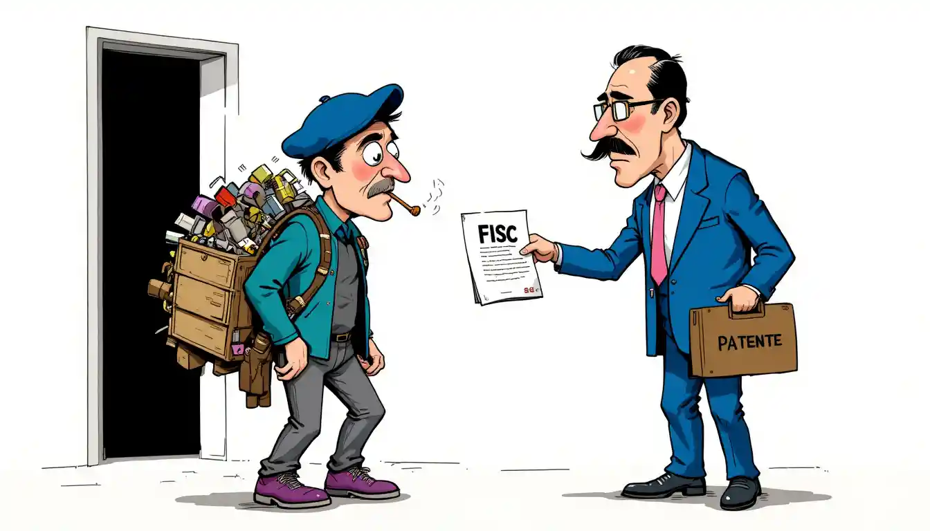 Cartoon of burdened worker confronted by stern tax official