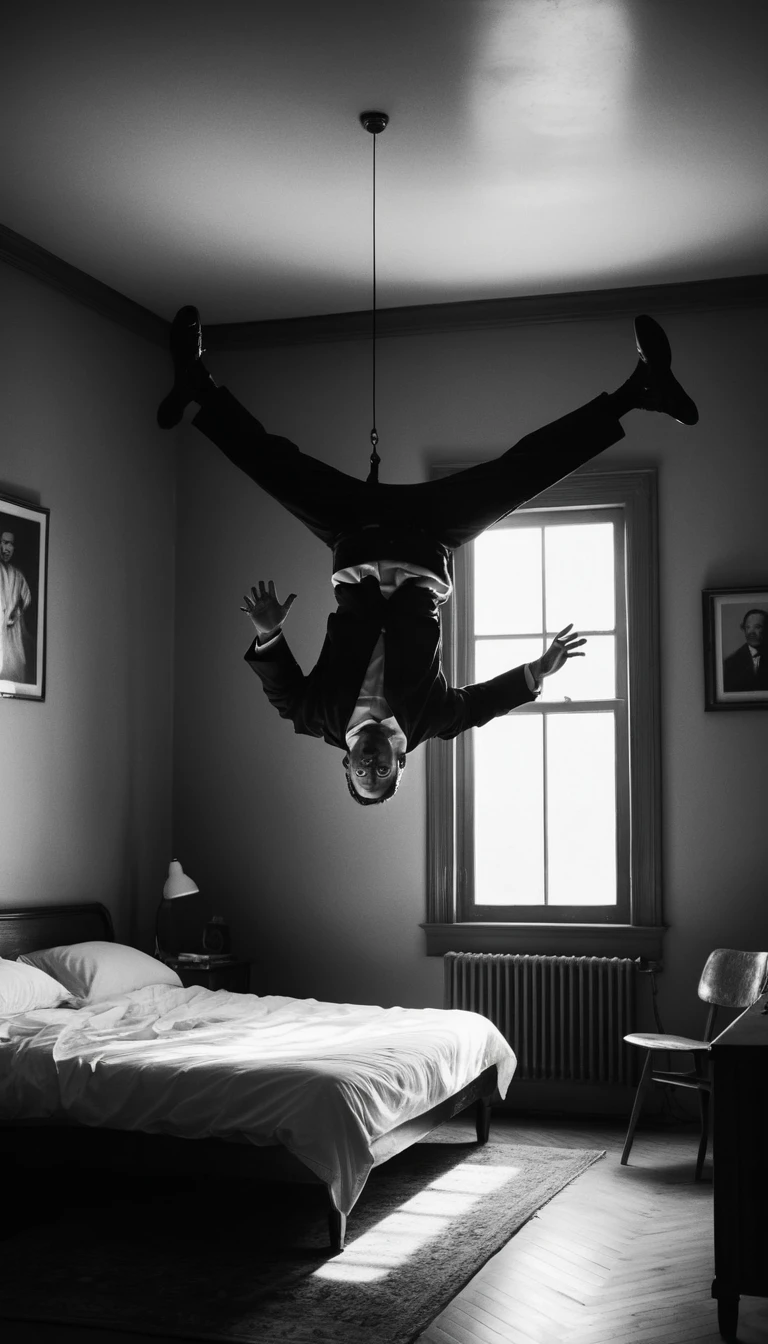 Homem levitando em um quarto monocromático e cheio de clima