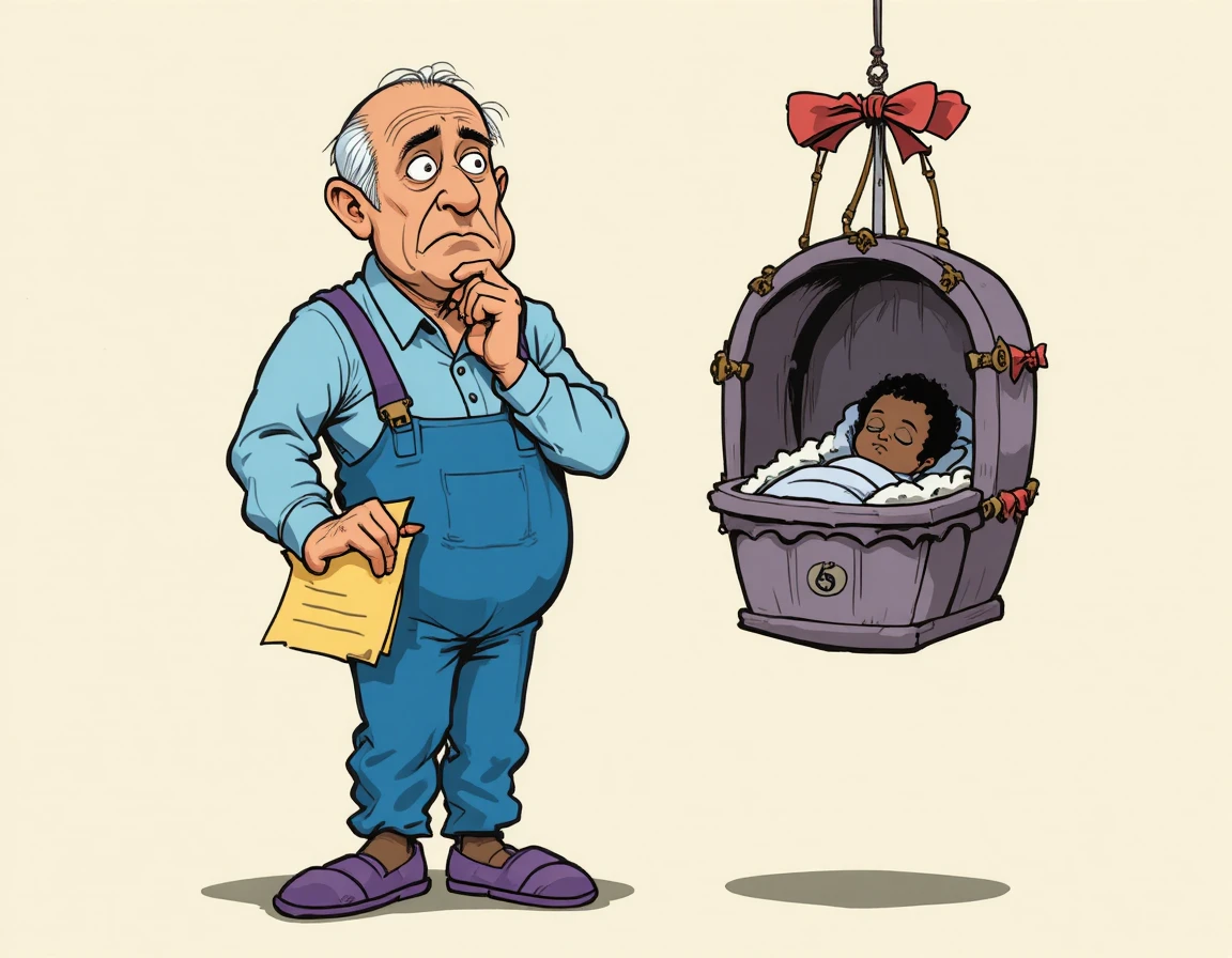 Homem mais velho preocupado lendo papel ao lado de bebê dormindo