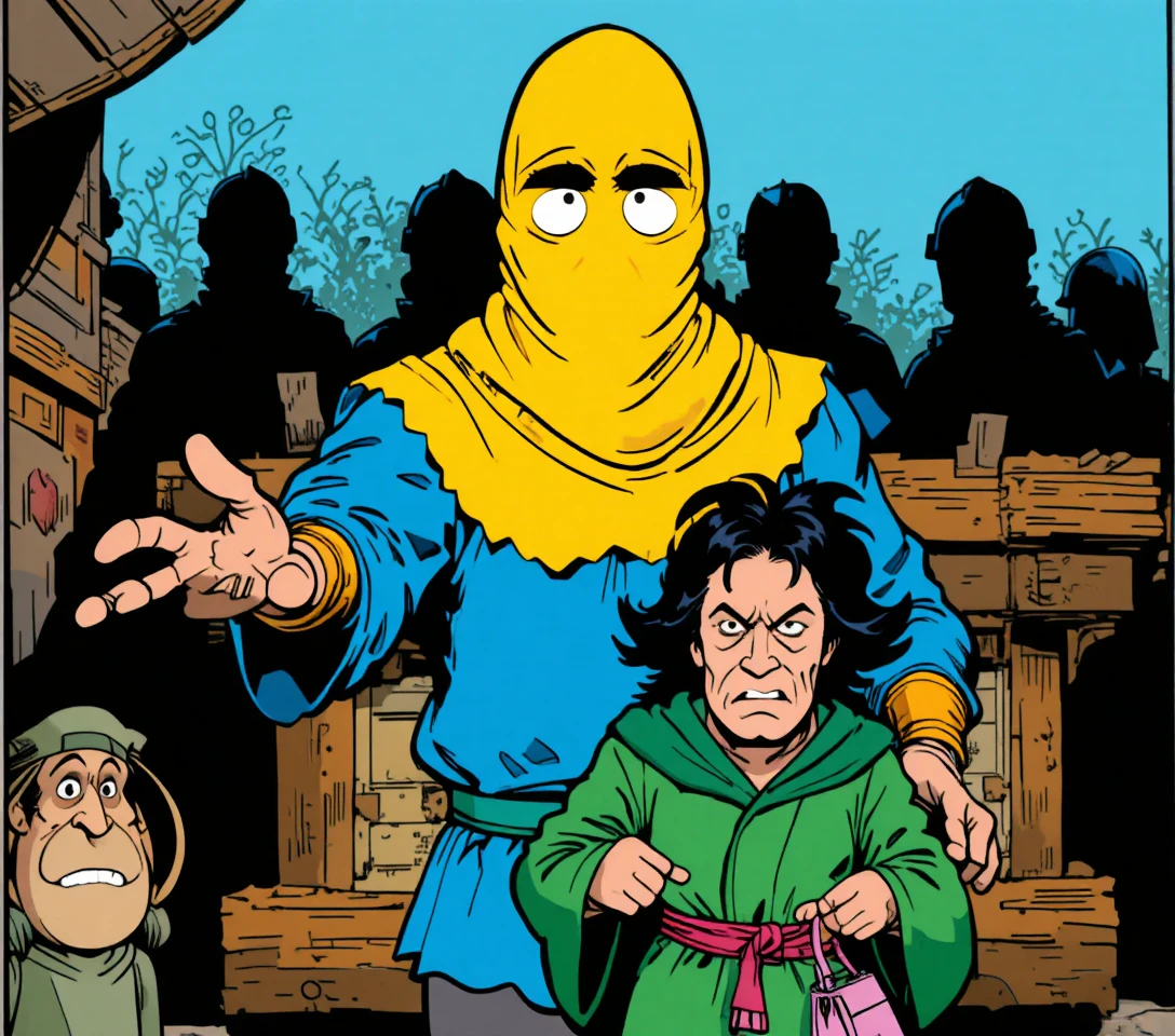 Masked cartoon figure presenting another character on street