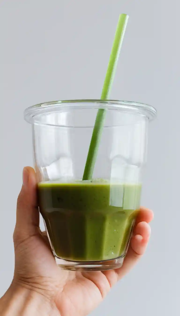 Donna sul marciapiede che afferra un enorme flusso di matcha con la bocca