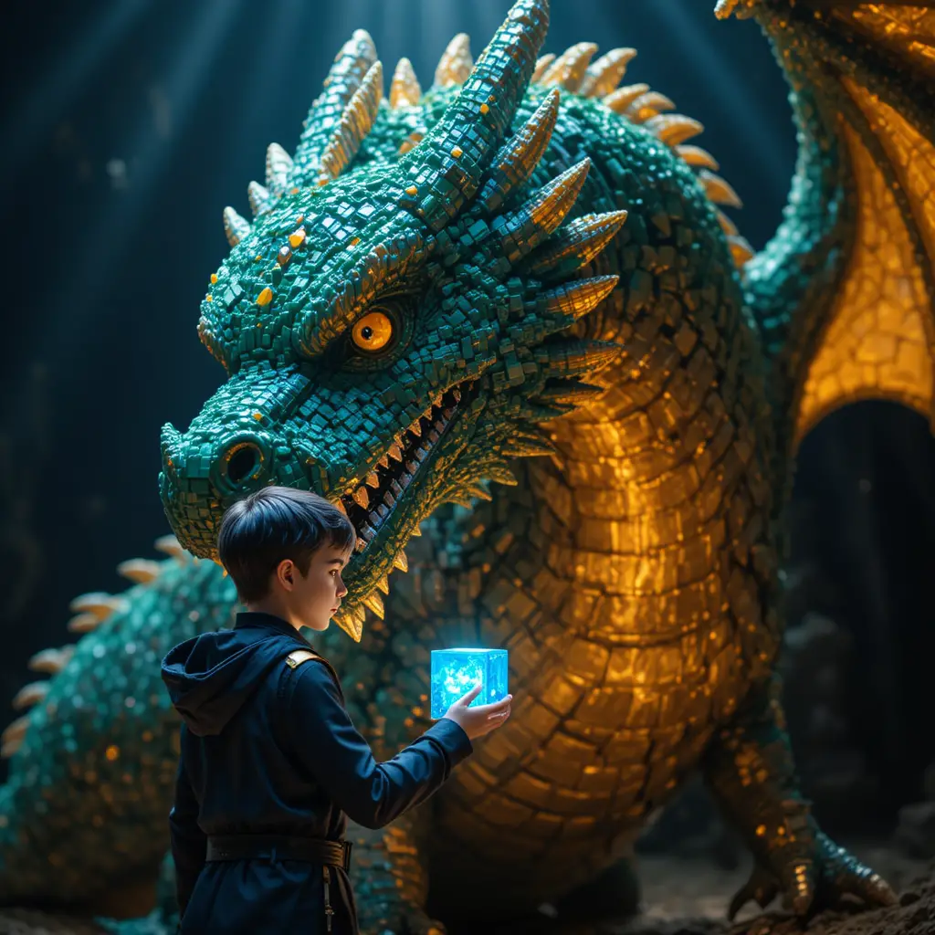 Boy placing glowing core into giant brick dragon