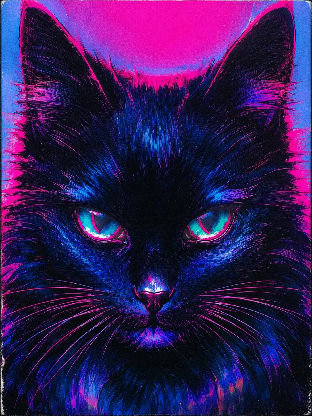 Primo piano di un gatto gotico in stile anime con colori neon metallici