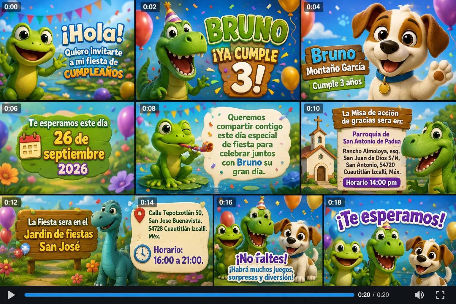 Convite de aniversário infantil colorido com sapo e dinossauros