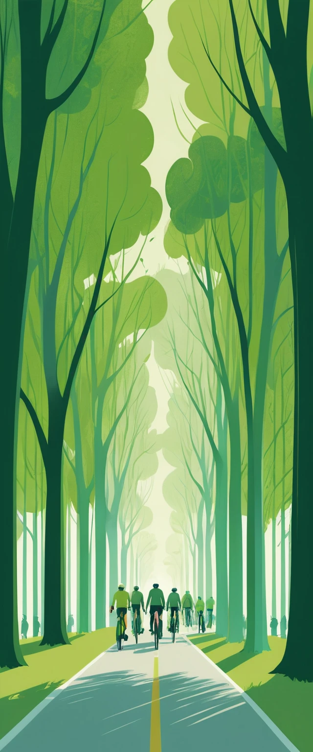 Ilustração de ciclistas pedalando por uma tranquila avenida verde na floresta