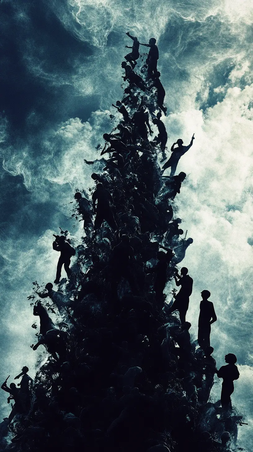 Pile of fallen toy soldiers reaching into a dark sky