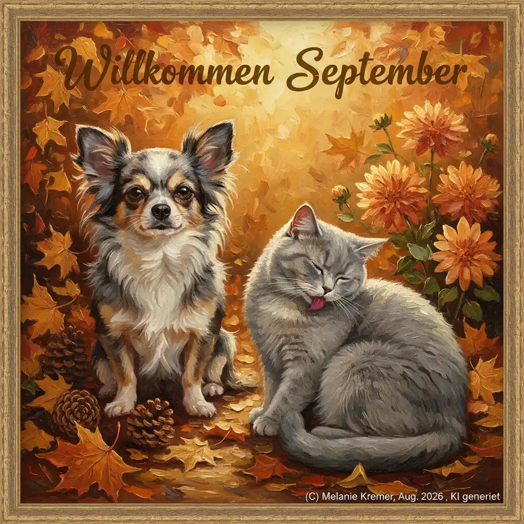 Autumn dog and cats among golden leaves in oil painting