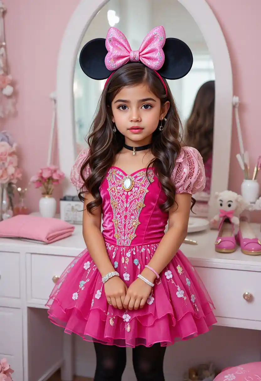 Garçon préadolescent en costume de princesse posant près d’une coiffeuse