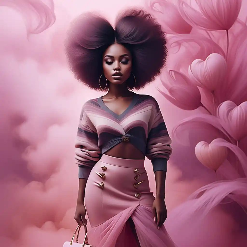 Femme noire stylée avec afro audacieux en forme de cœur et jupe