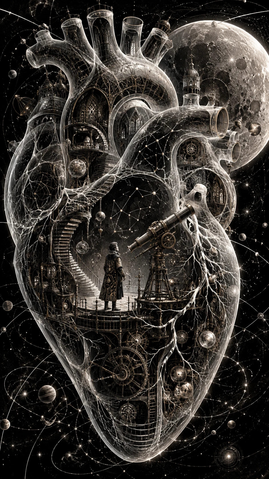 Surreal Astronomer Inside A Vast Anatomical Heart Observatory