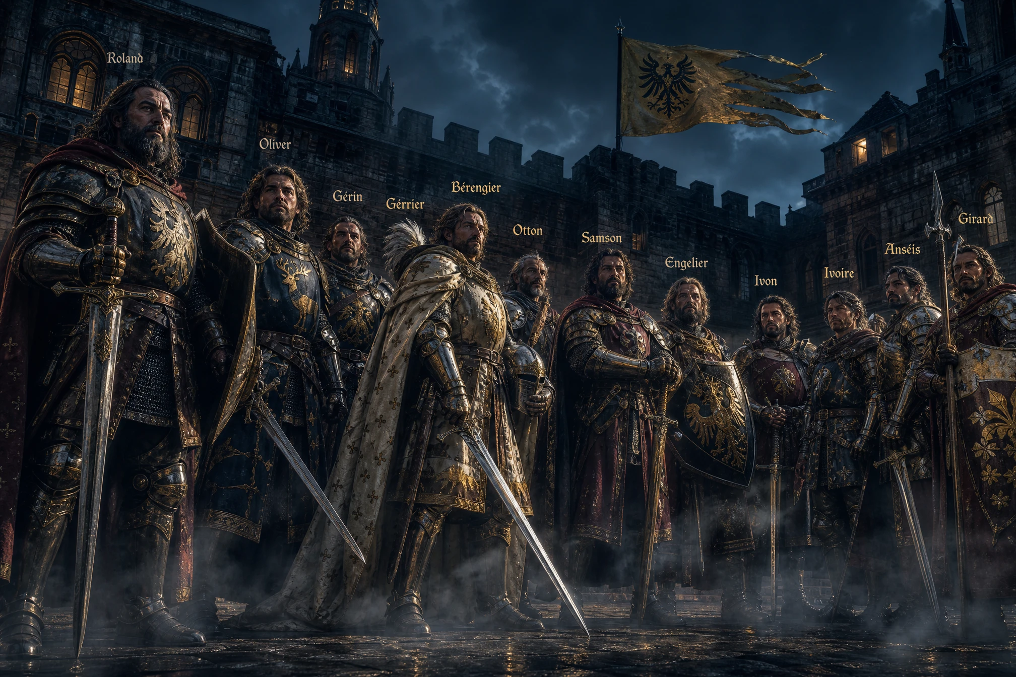 Heroic paladins in armor in a twilight castle courtyard