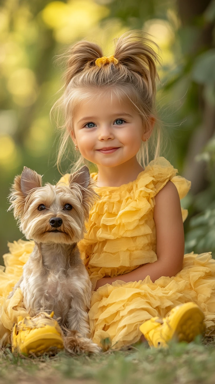 Petite fille souriante en robe jaune jouant avec un chien