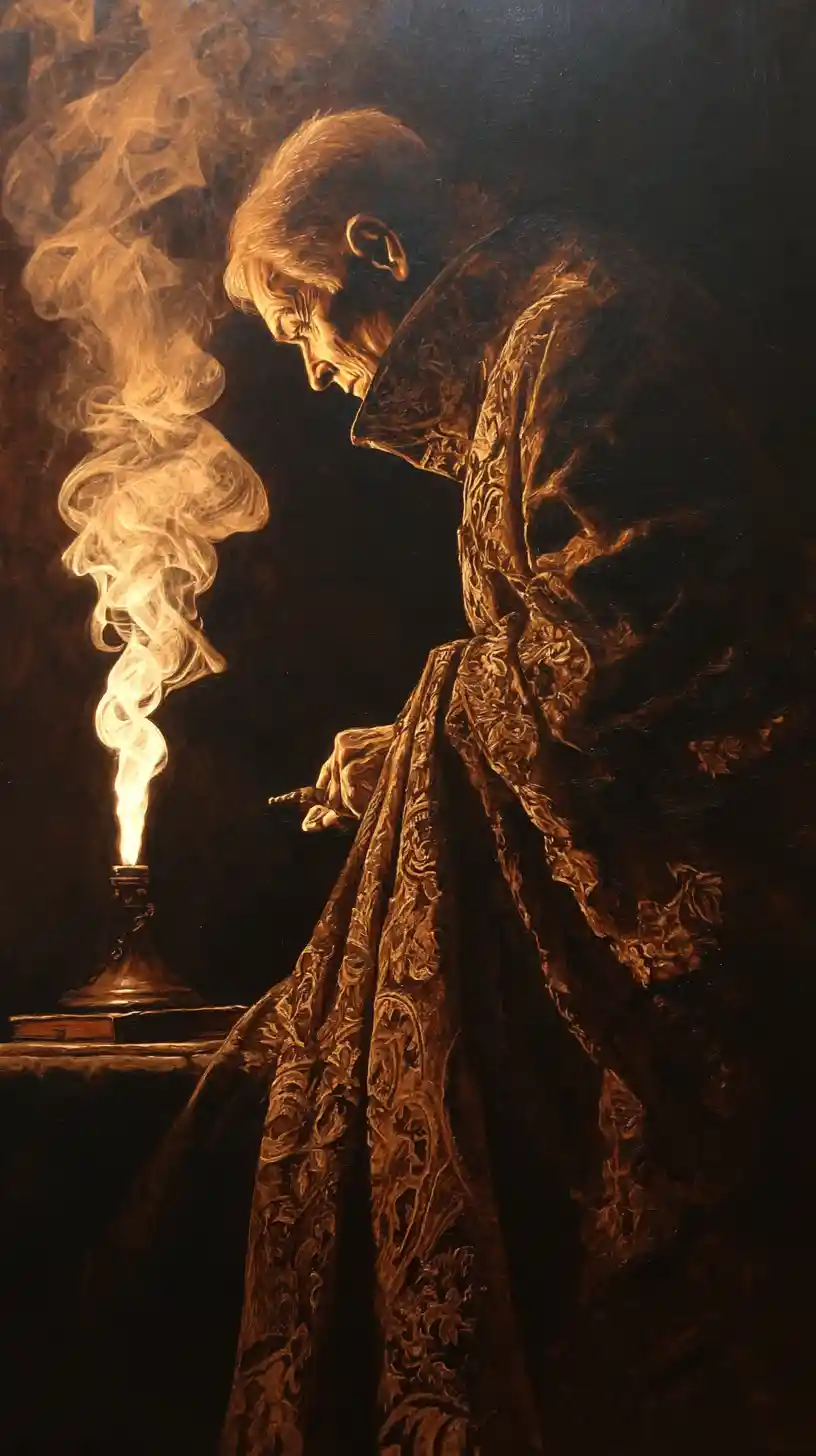 Bruja barroca de fantasía oscura en interior gótico a la luz de las velas