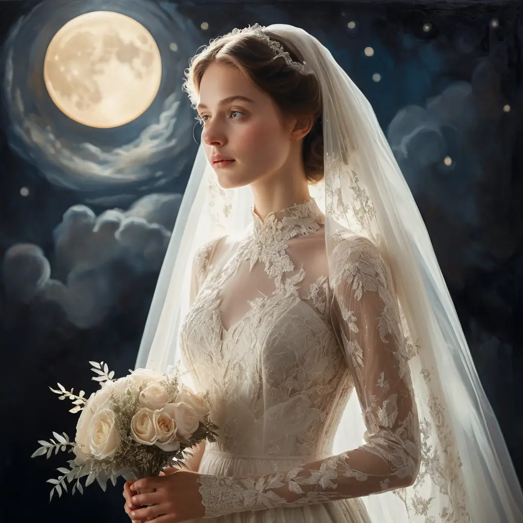 Mariée éthérée, rayonnant doucement dans une aura argentée au clair de lune
