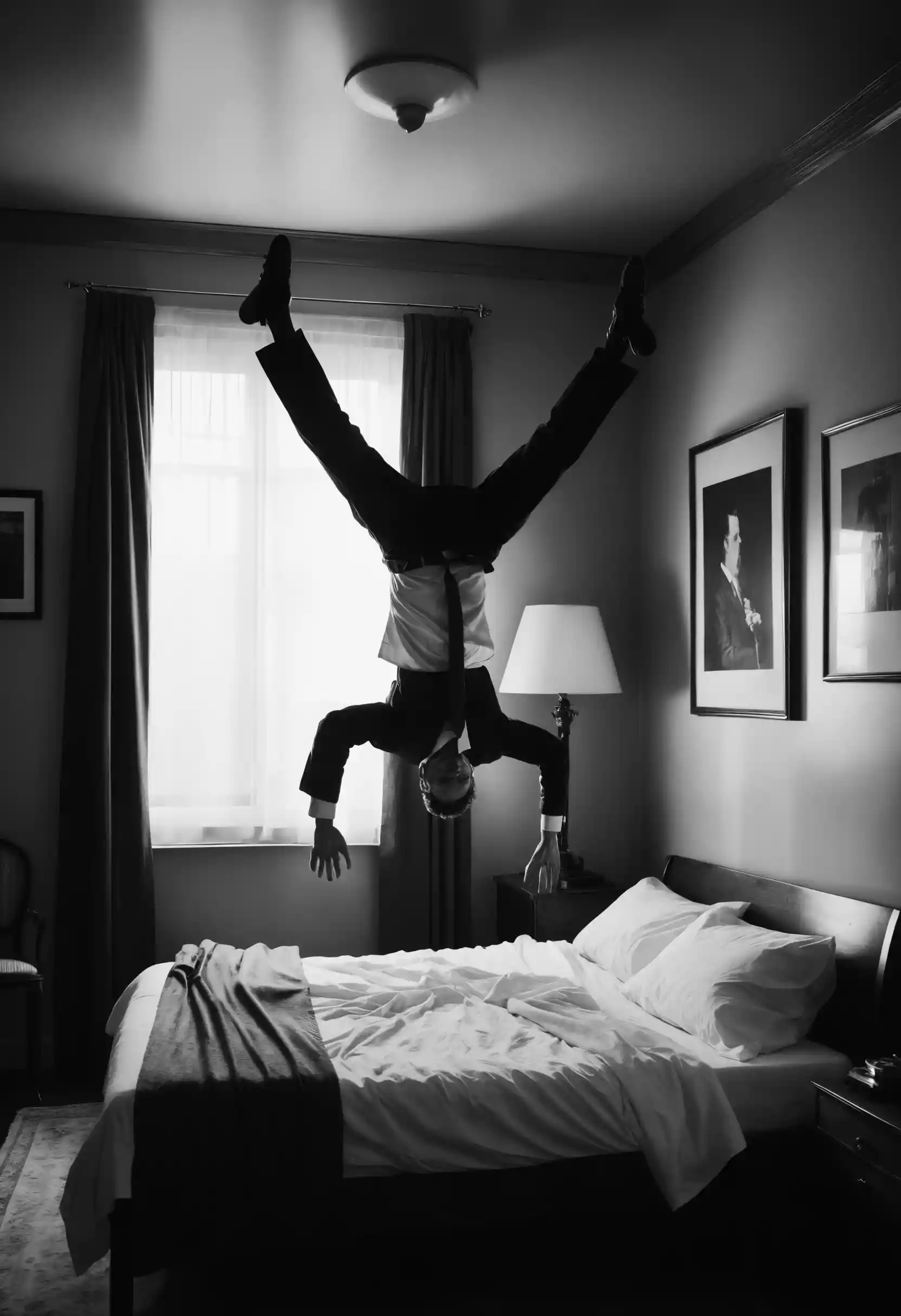 Uomo monocromatico surreale che levita a testa in giù in camera da letto
