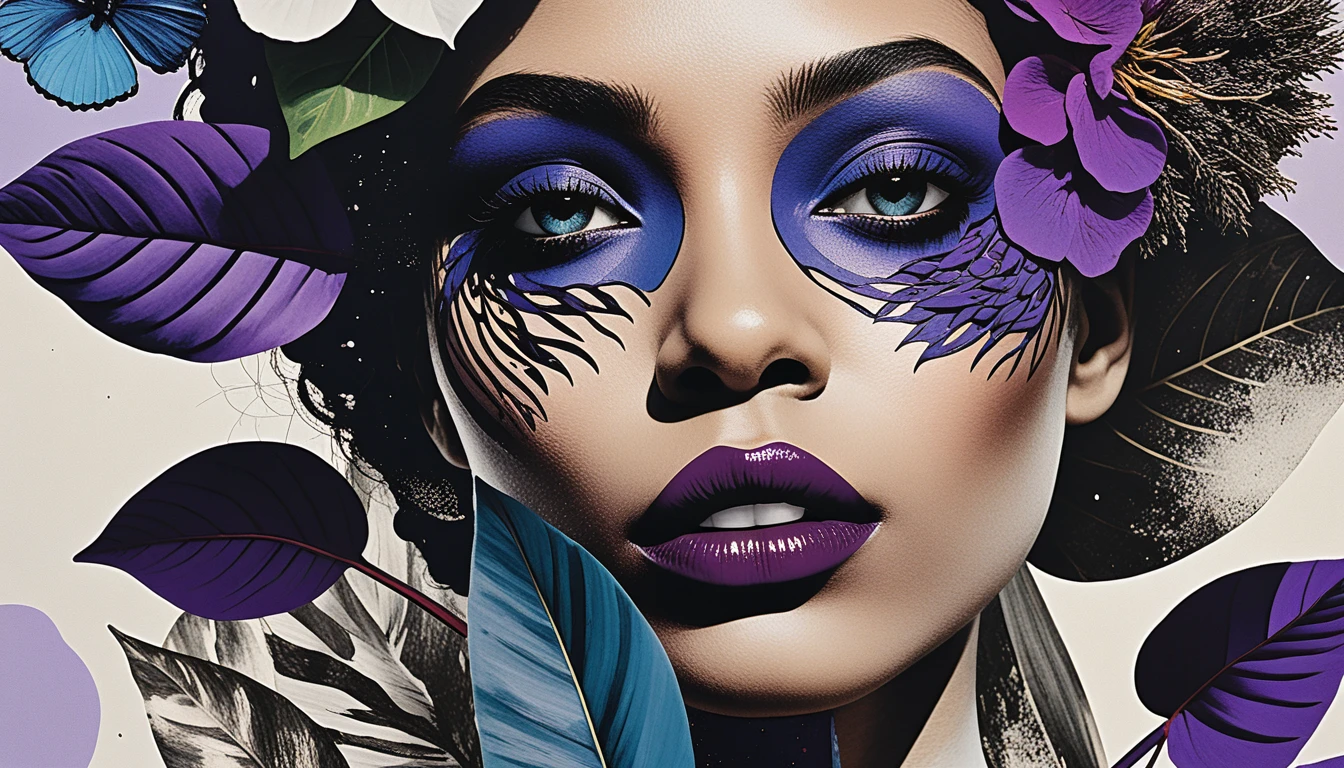 Retrato surreal em close de uma mulher entre flores exuberantes