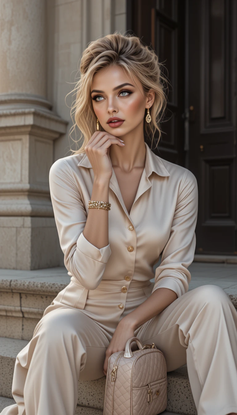 Elegante blonde Frau in cremefarbenem Outfit auf Steinstufen sitzend