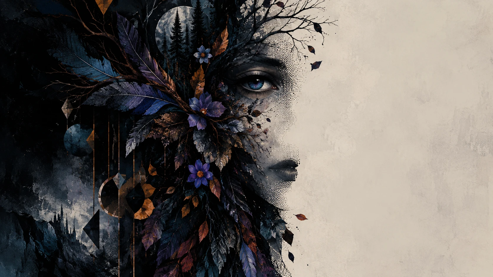 Abstract portrait dissolving into branches and geometric fragments