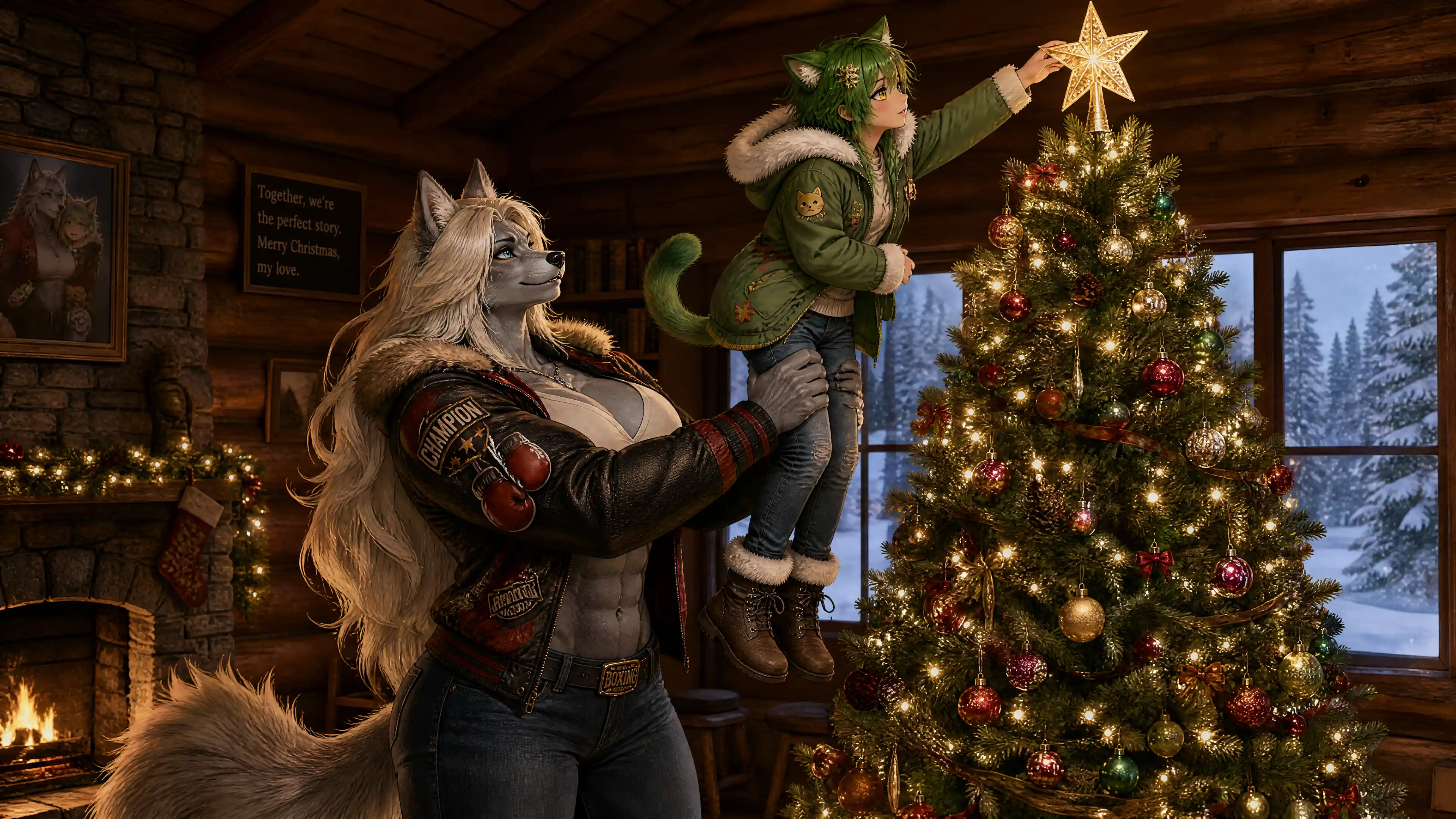 Tall werewolf woman lifting femboy partner at Christmas tree