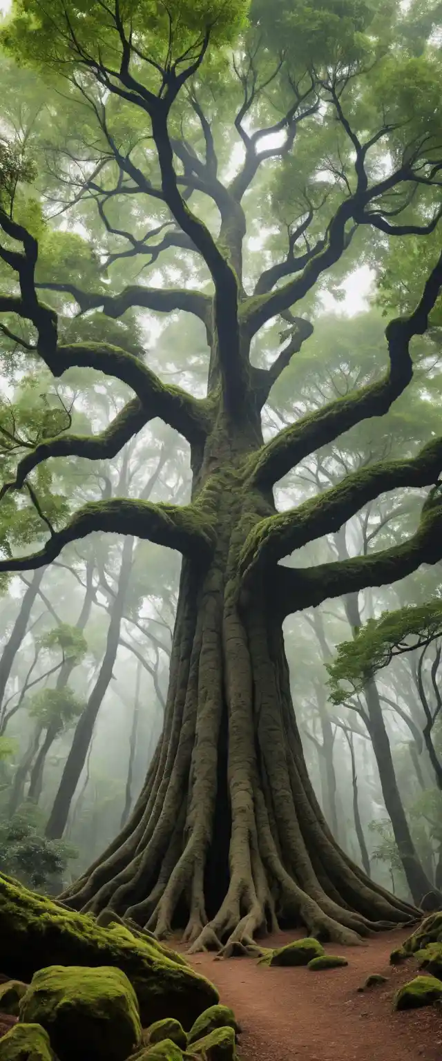 Grandes árboles de montaña con ramas extendidas en aire tranquilo