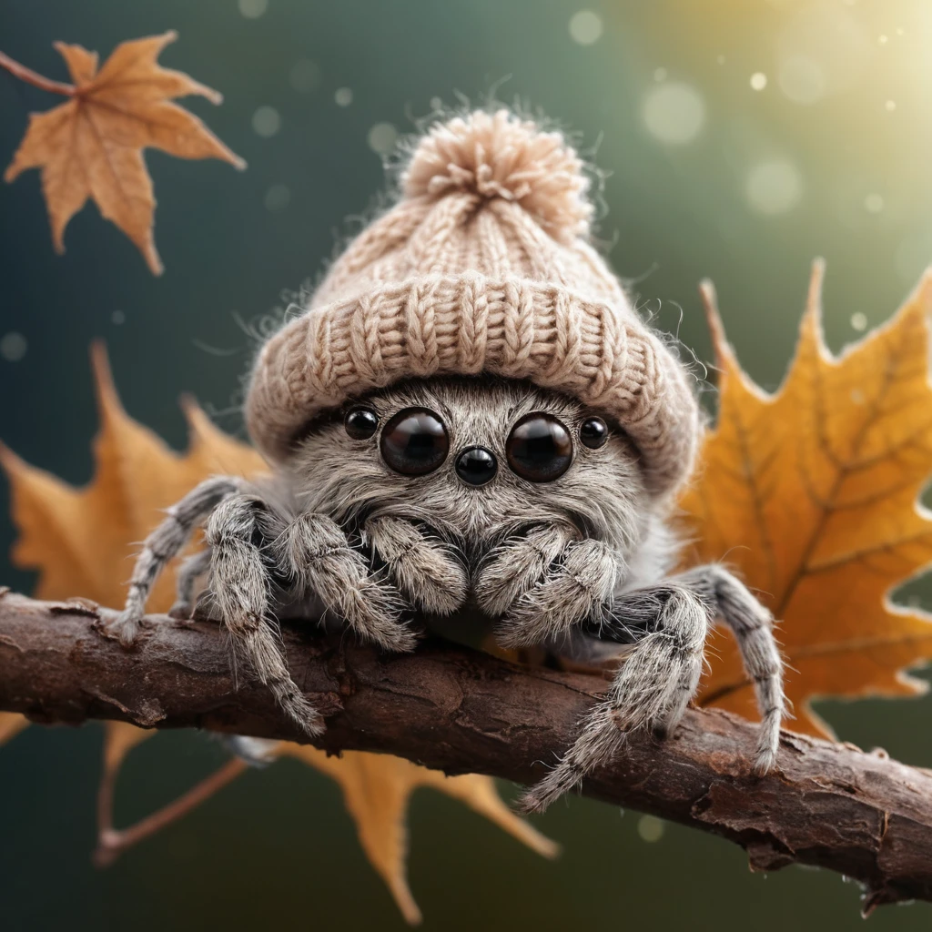 Aranha fofa e peludinha com um minúsculo gorro de tricô na teia