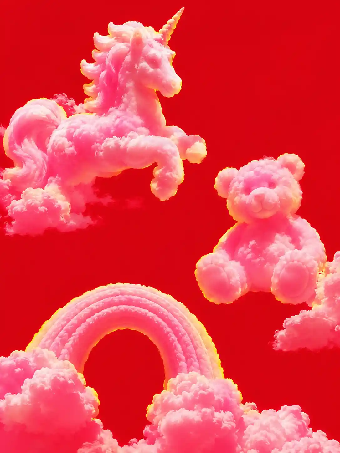 Nubes de anime juguetonas con forma de animales sobre fondo rojo