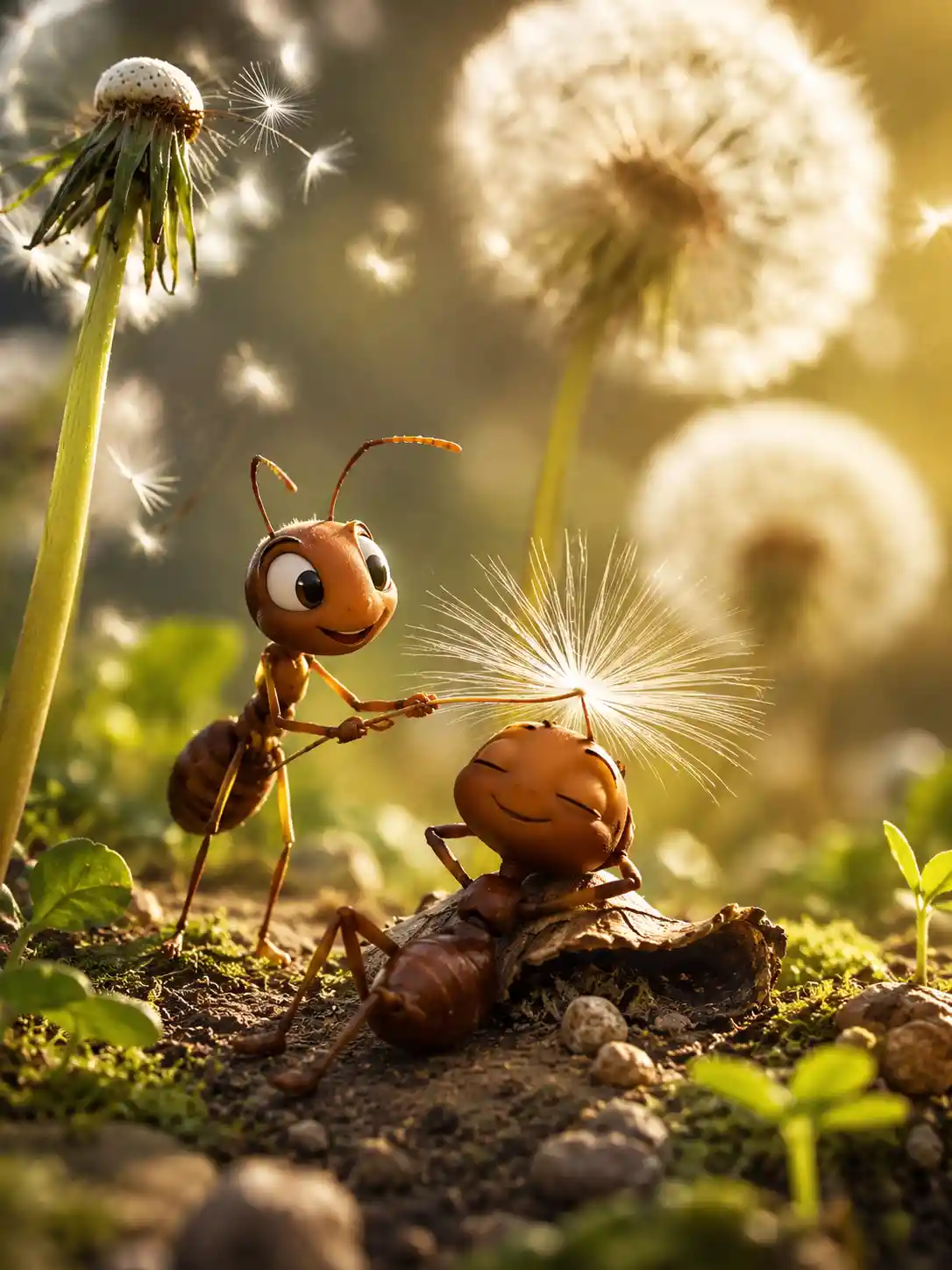 Cute cartoon ants relaxing under a dandelion meadow