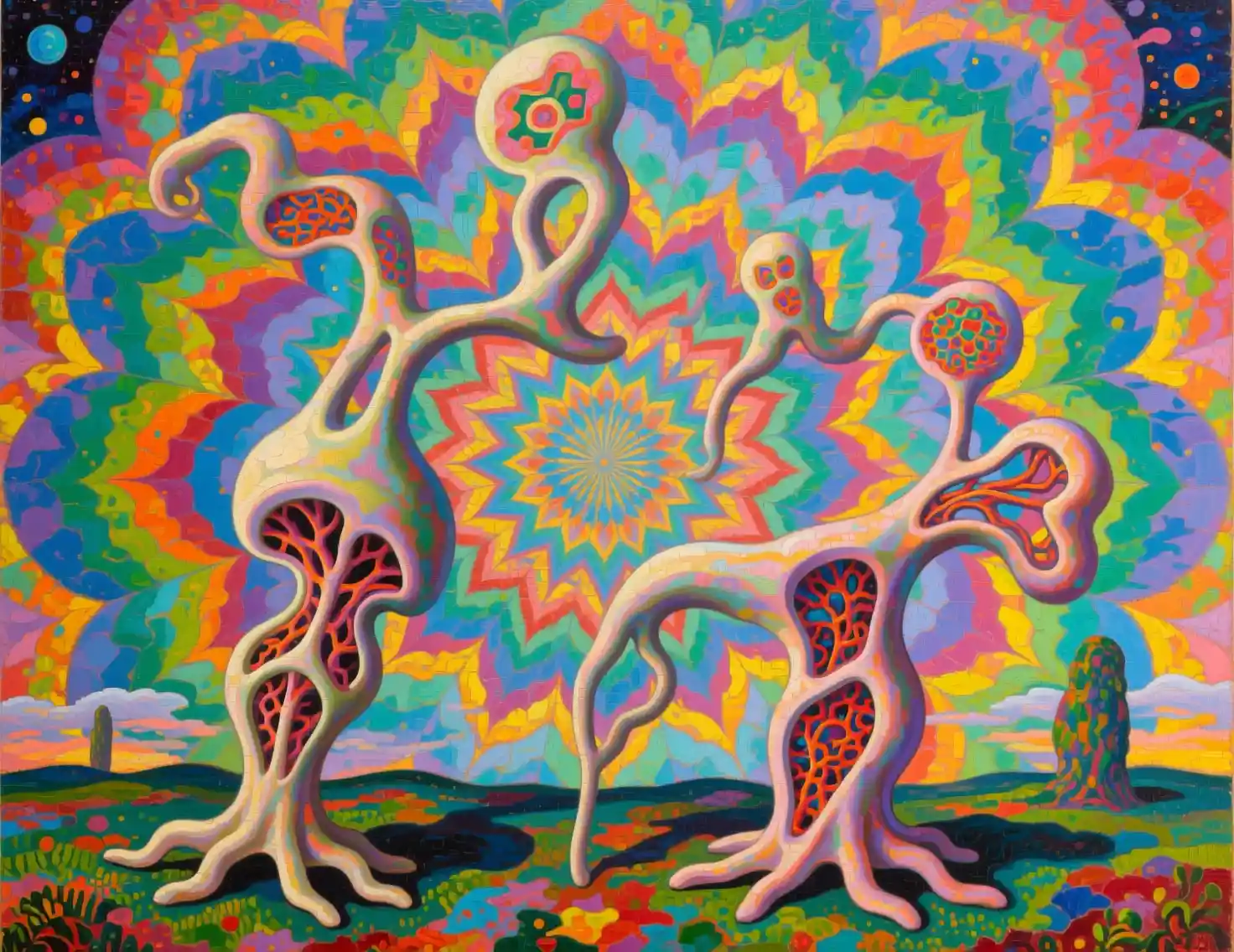 Surrealist organic forms emerging in a kaleidoscopic dreamscape