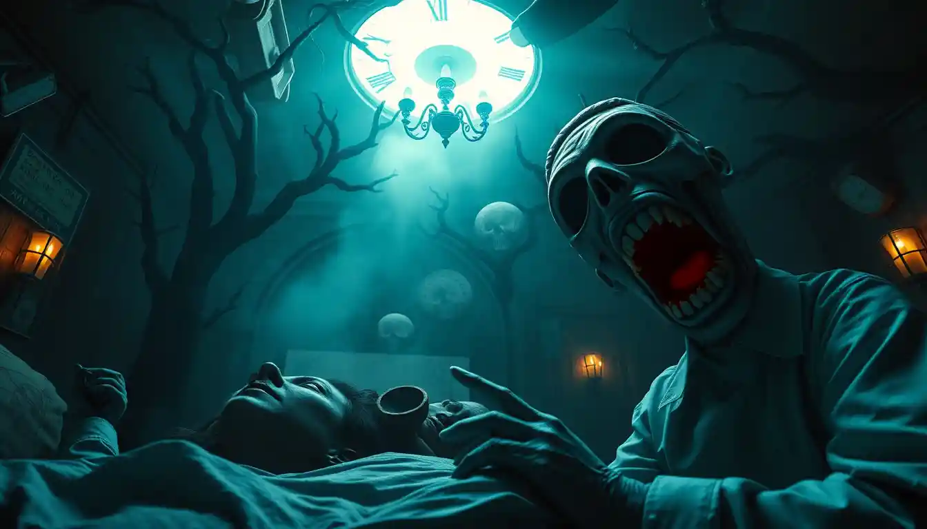 Dark surreal horror scene with absurd comic undertones