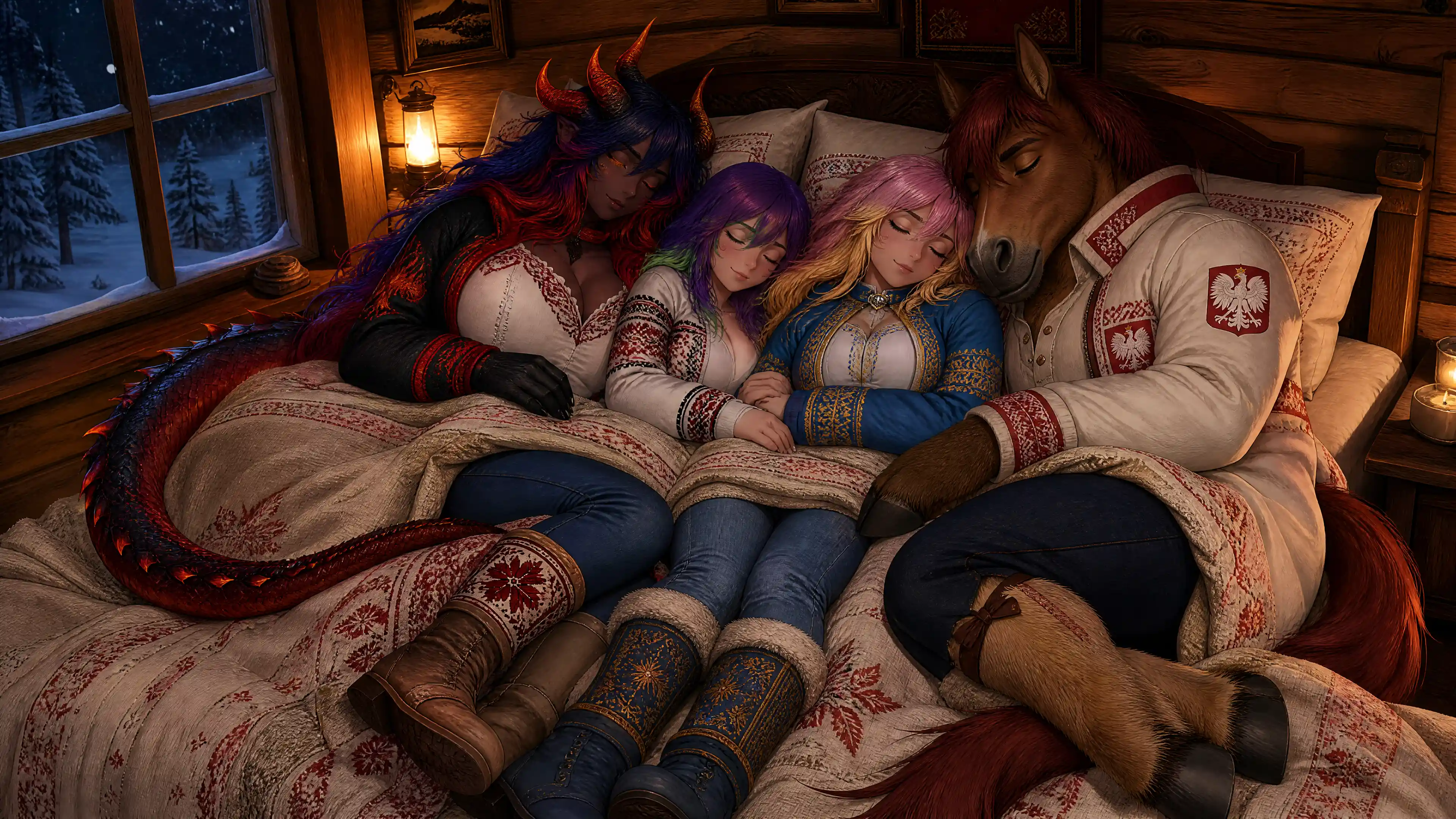 Coppia fantasy che dorme insieme in una accogliente baita invernale