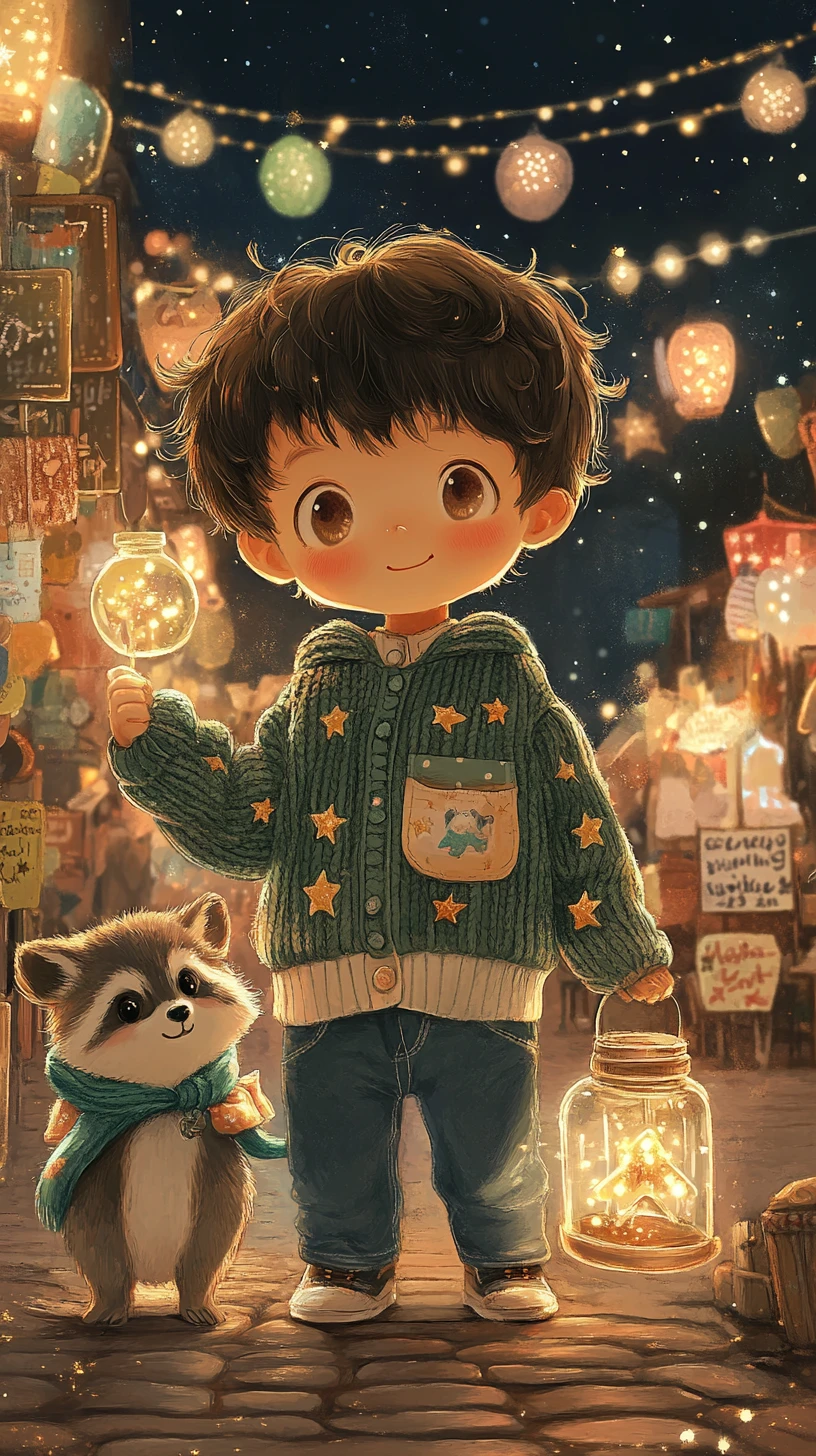 Chibi toddler with glowing lanterns at cozy night market