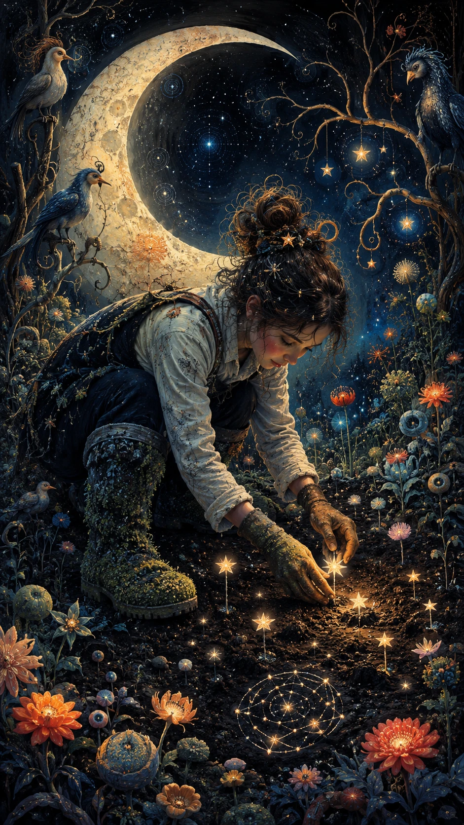 Jovem jardineiro plantando estrelas brilhantes em um jardim ao luar